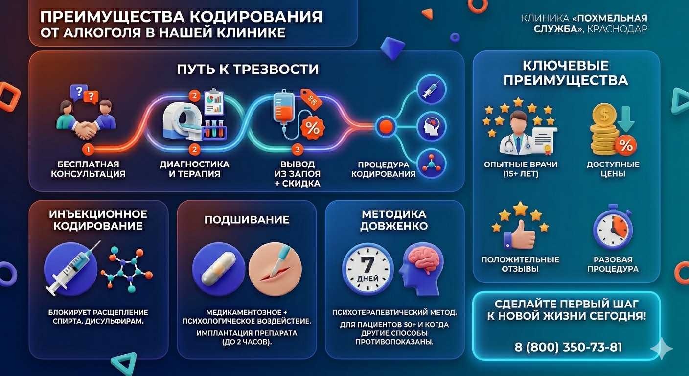 Инфографика о методах кодирования от алкоголя в Котово: инъекции, подшивание, метод Довженко. Преимущества клиники и этапы лечения.