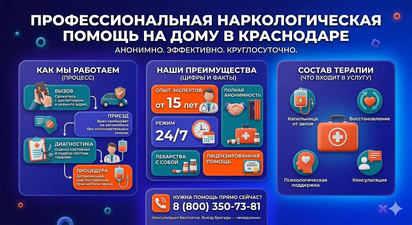 Инфографика о принципах лечения алкоголизма на дому в Котово: этапы вызова нарколога, преимущества анонимной детоксикации и состав медицинской помощи.